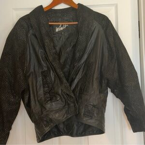 Winlit Women's Black Leather Jacket with Western Lace Patterned Textured Sleeves